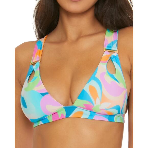 Becca All That Glitter Blue Multicolor Print Halter Tie Back Bikini Swimsuit Top - Picture 1 of 10